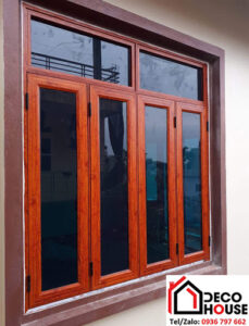Làm cửa sổ mở quay nhôm hệ 55 vát cạnh màu vân gỗ